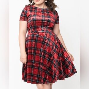 Unique Vintage Dark Red Holiday Plaid Velvet Dress 2X